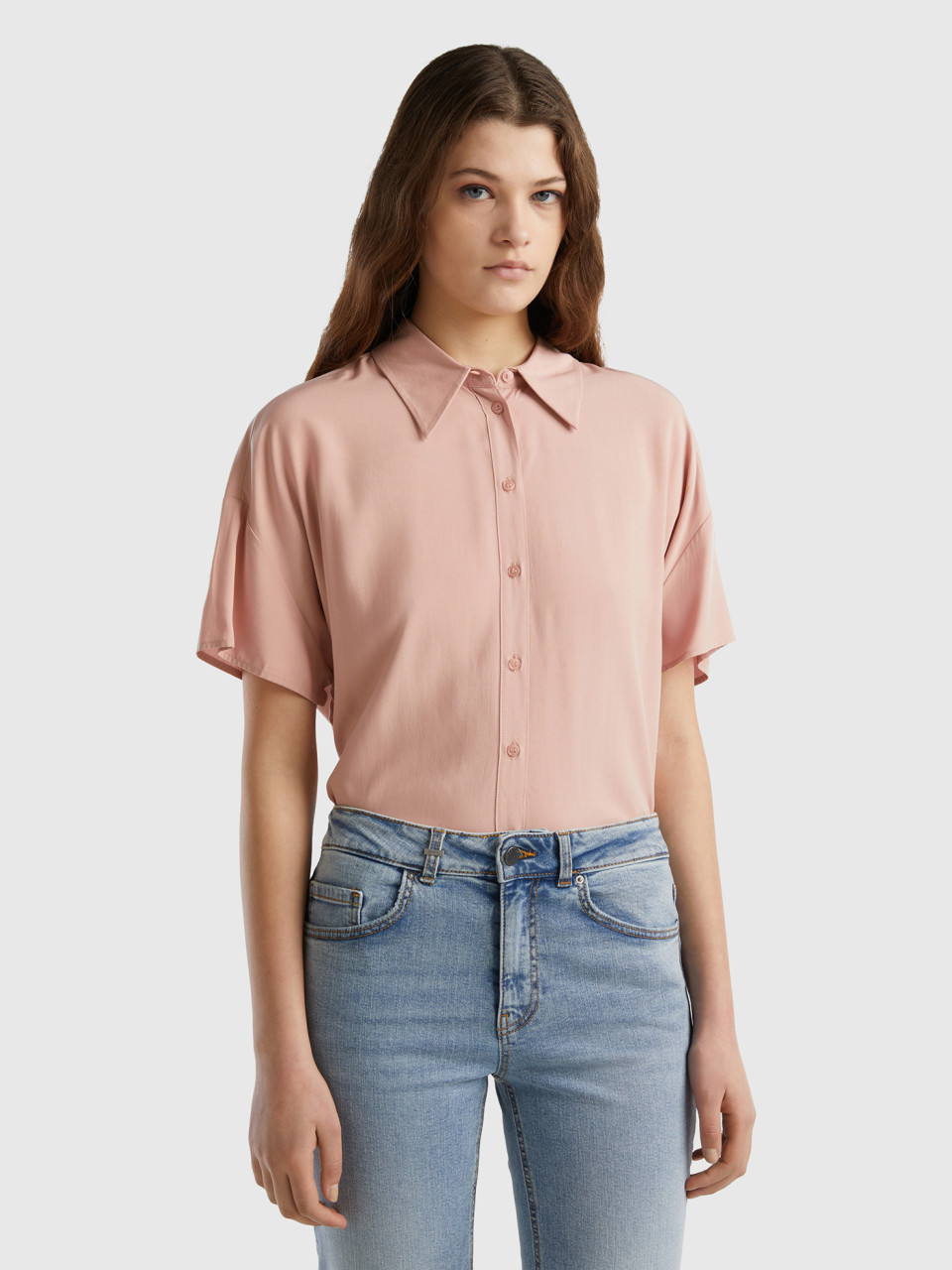 Benetton, Short Sleeve Shirt In Sustainable Viscose, Soft Pink, Women