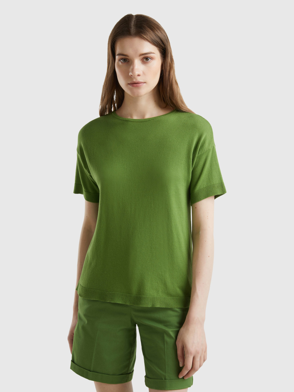 Benetton, Short Sleeve Sweater, Military Green, Women