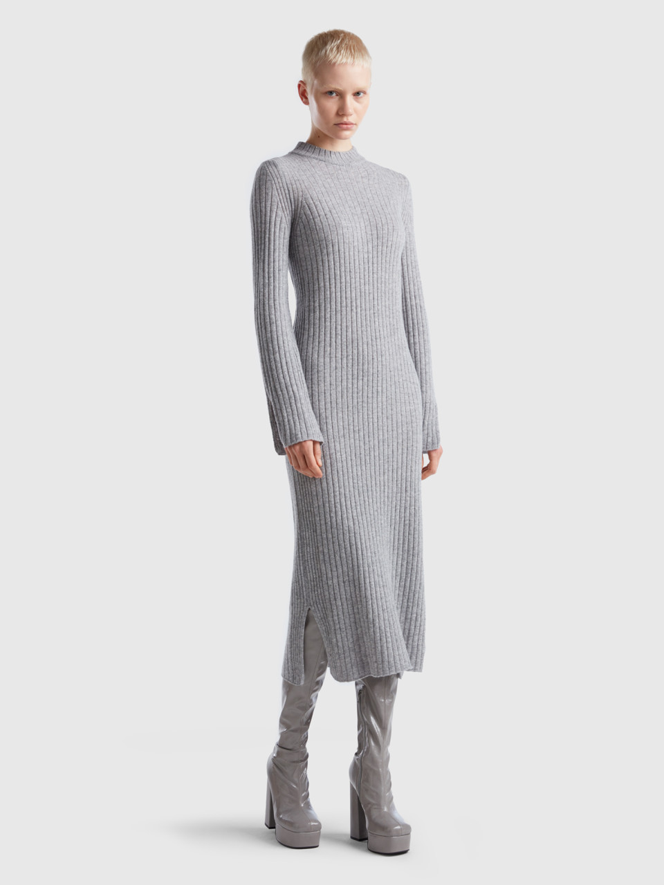 Benetton, Knit Dress With Slits, Light Gray, Women