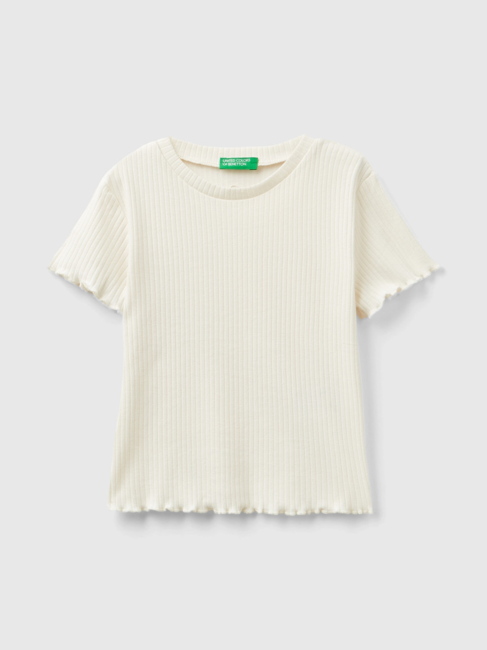 Benetton, Ribbed Short Sleeve T-shirt, Creamy White, Kids