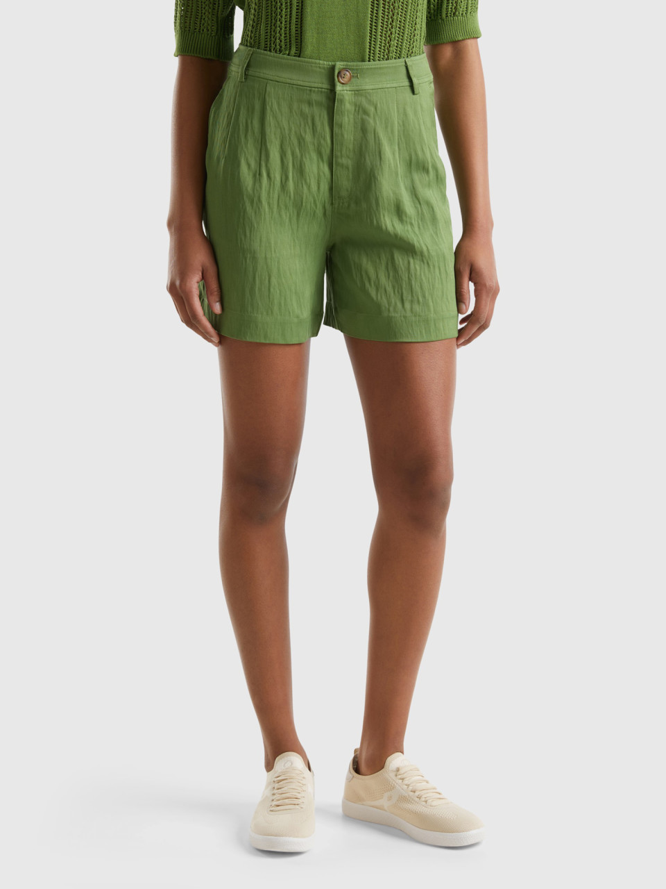 Benetton, Bermuda Shorts In Sustainable Viscose Blend, Military Green, Women