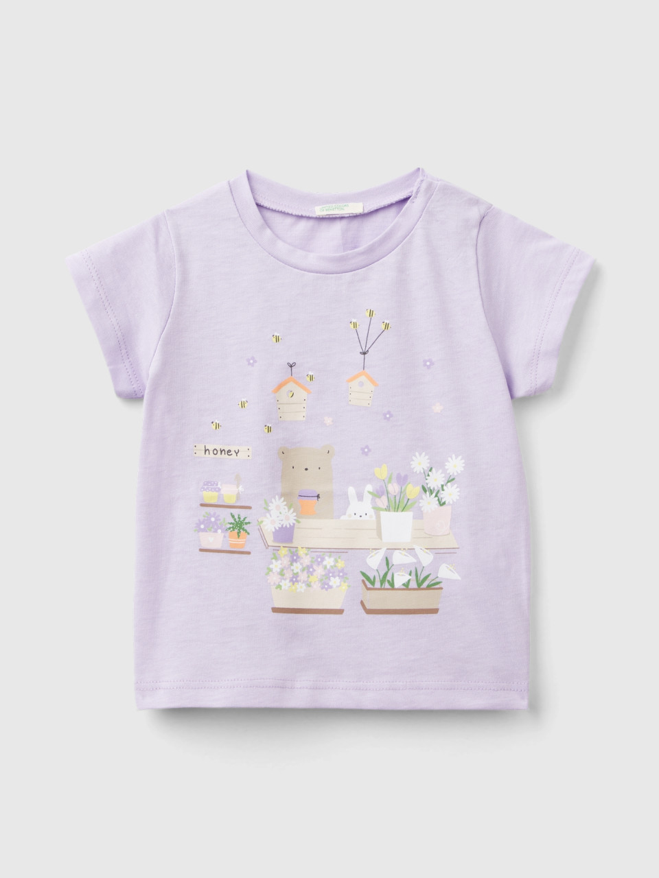 Benetton, T-shirt In Organic Cotton With Print, Lilac, Kids