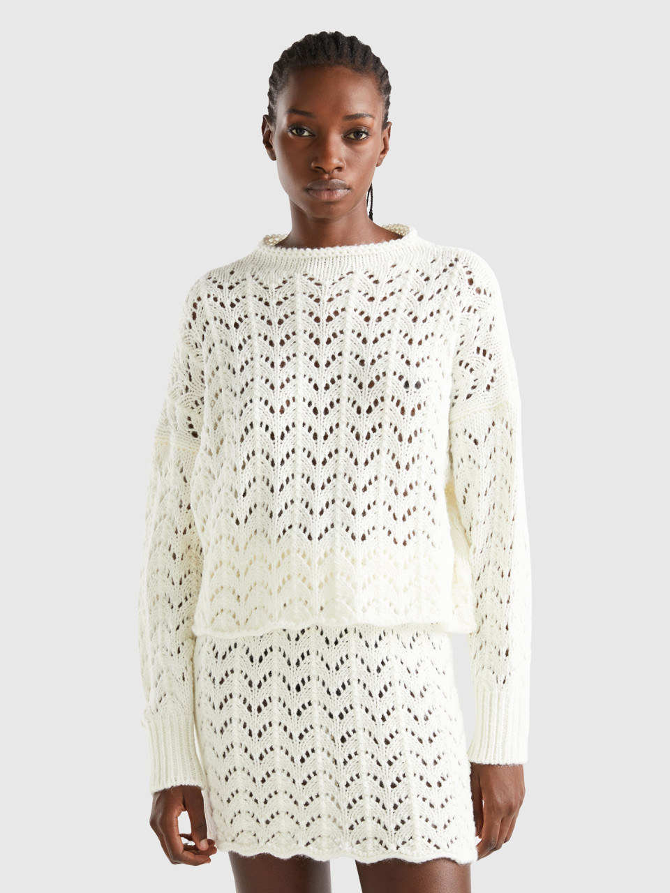 Benetton, Crochet Effect Sweater, Creamy White, Women