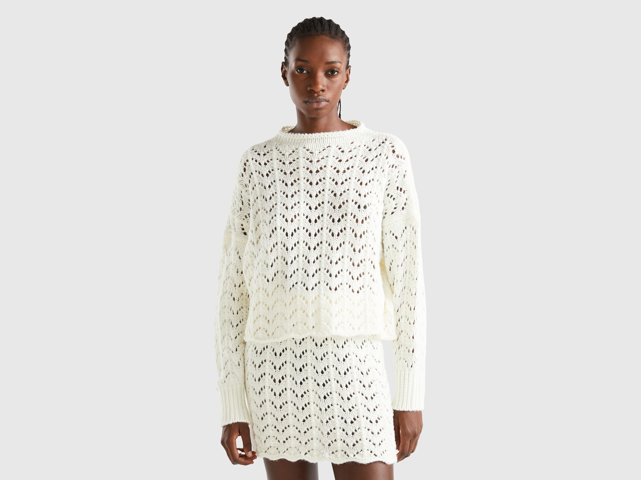 Benetton, Crochet Effect Sweater, size M, Creamy White, Women