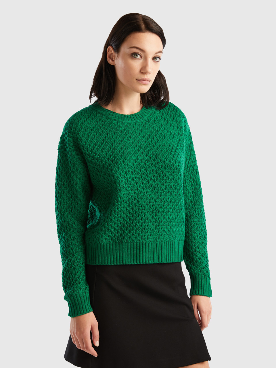 Benetton, Boxy Fit Knit Sweater, Green, Women