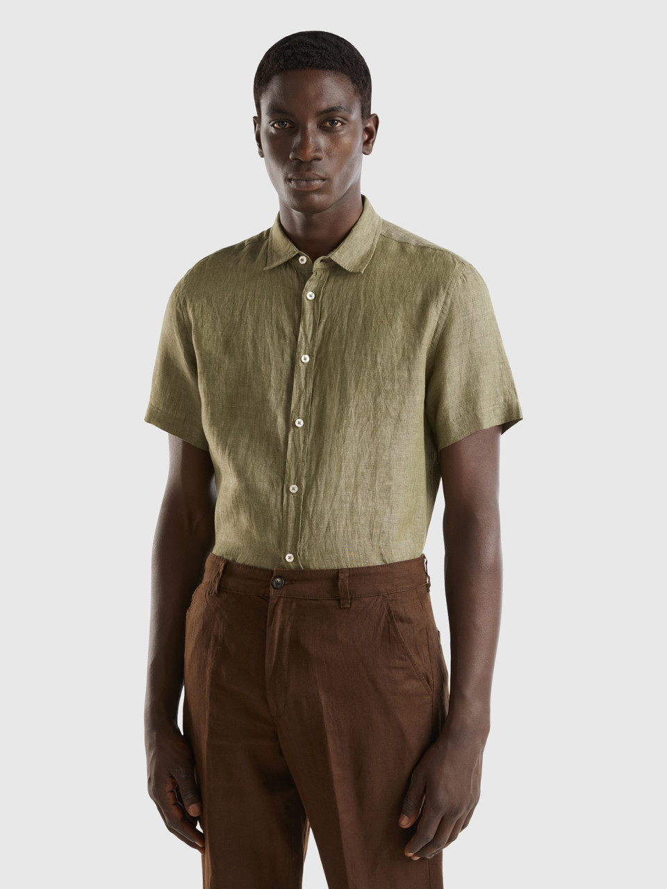 Benetton, 100% Linen Short Sleeve Shirt, Military Green, Men