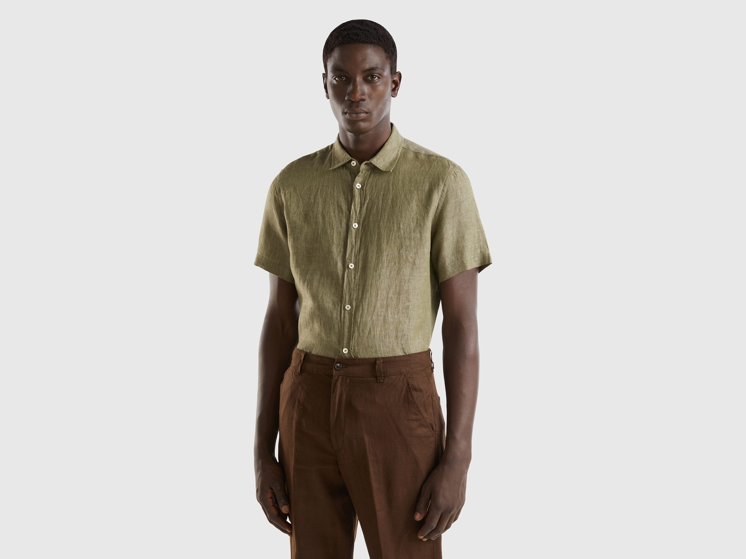 Benetton, Camicia A Manica Corta 100% Lino, Verde Militare, Uomo