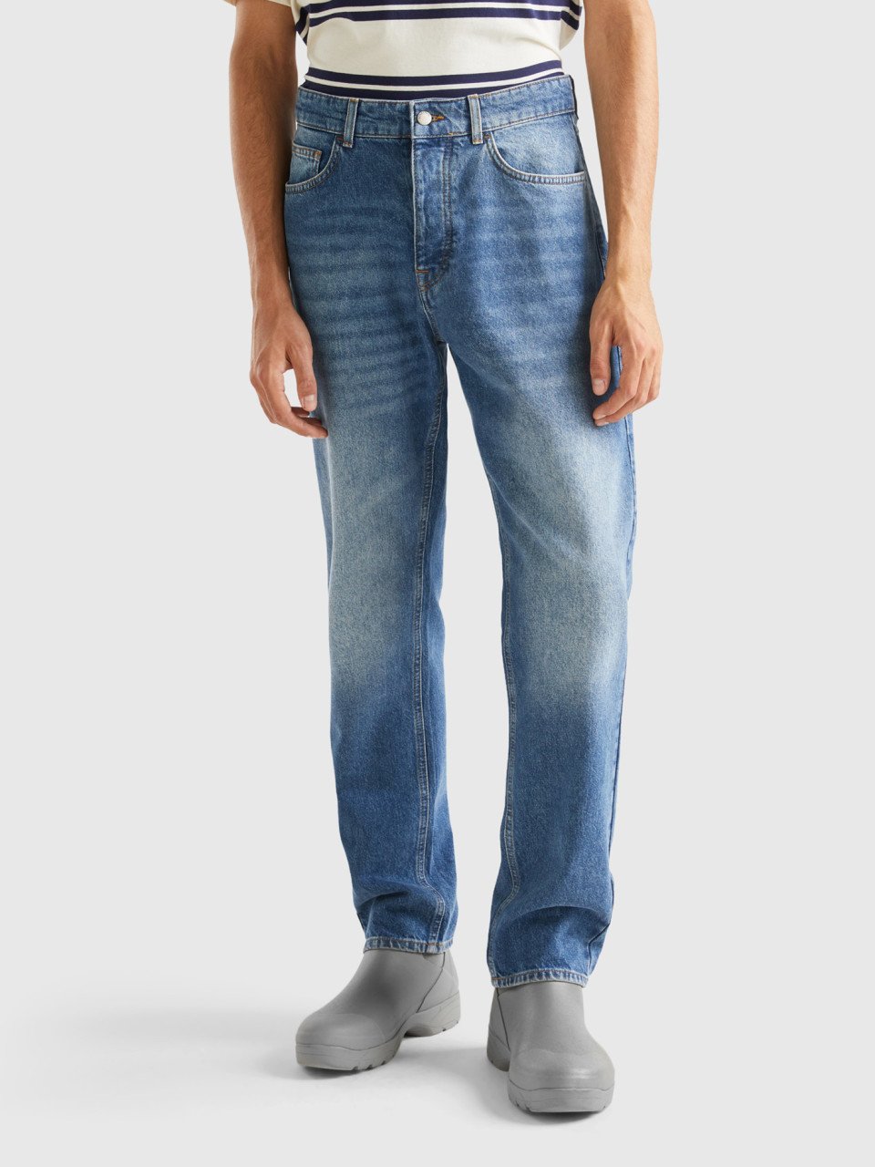 Benetton, Five-pocket Worn Look Jeans, Dark Blue, Men