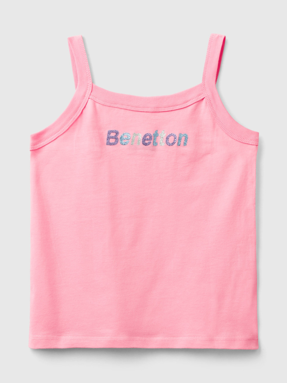 Benetton, Tank Top With Glittery Logo Print, Pink, Kids