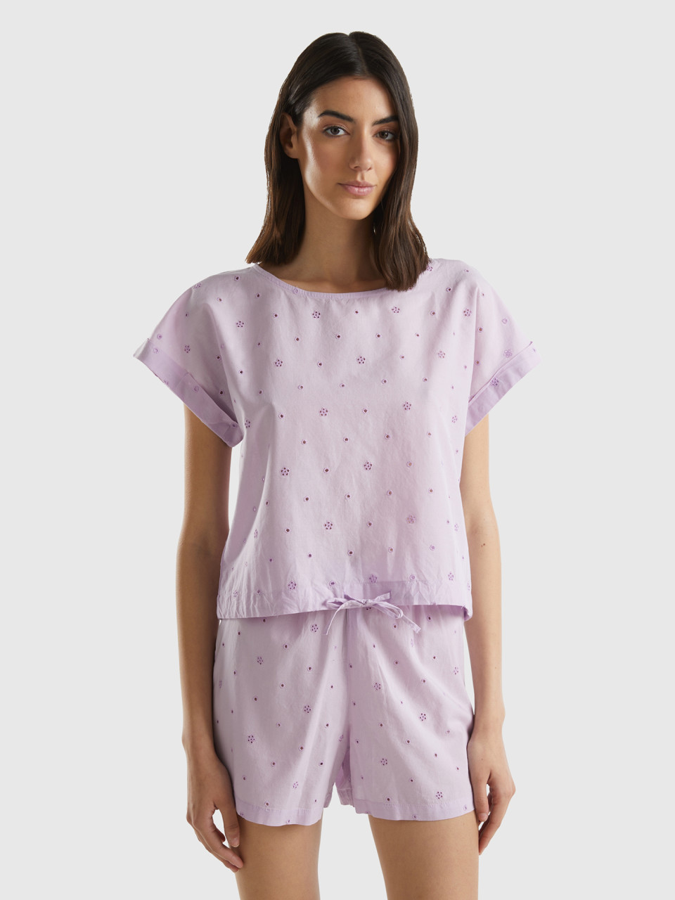 Benetton, Top With Broderie Anglaise, Lilac, Women