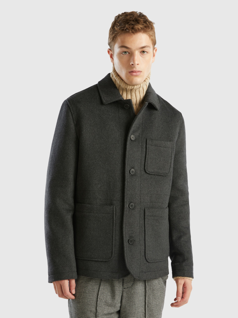 Benetton, Jacket In Woolen Cloth With Pockets, Dark Gray, Men