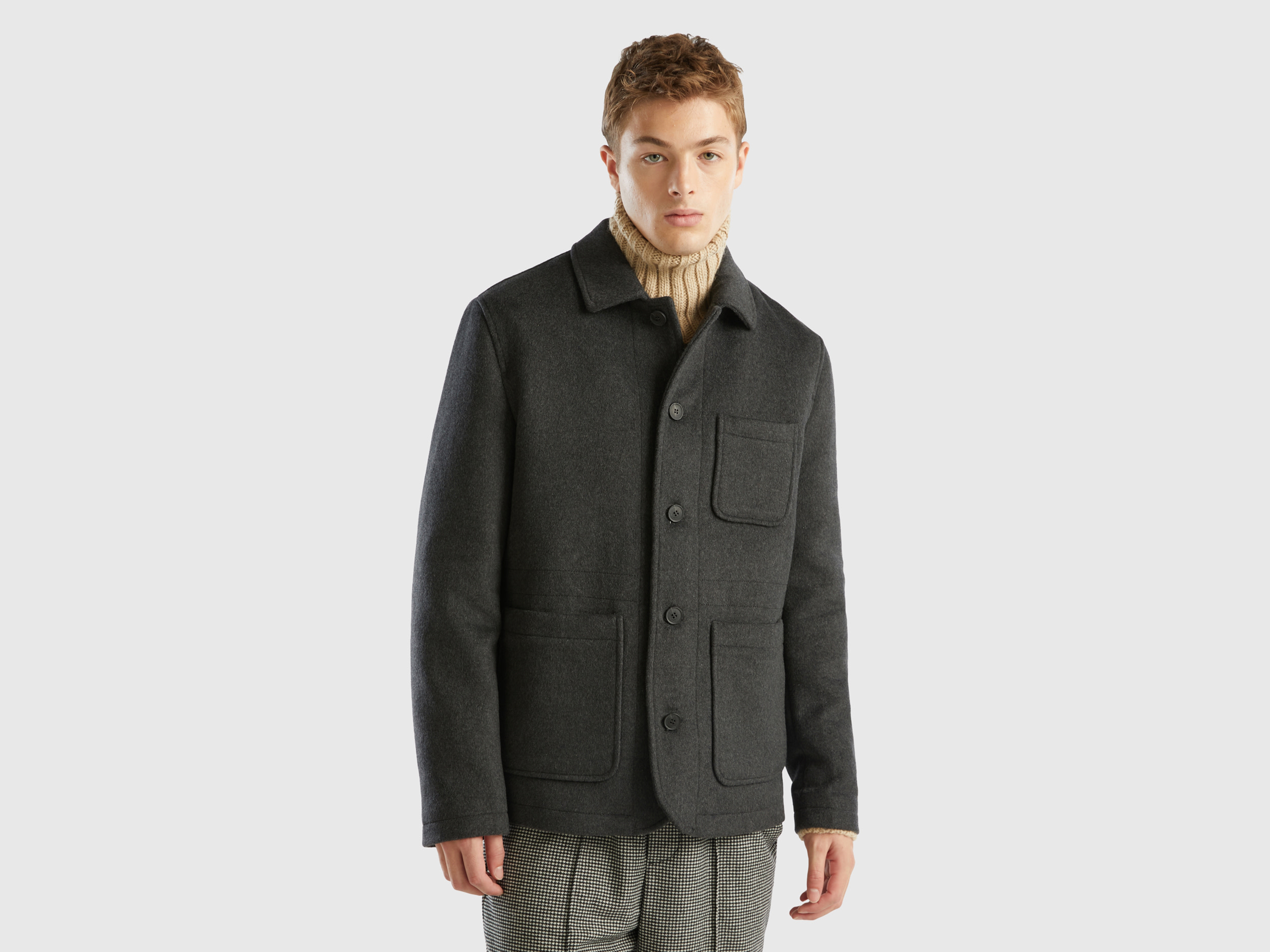 Benetton, Jacket In Woolen Cloth With Pockets, size XXXL, Dark Gray, Men