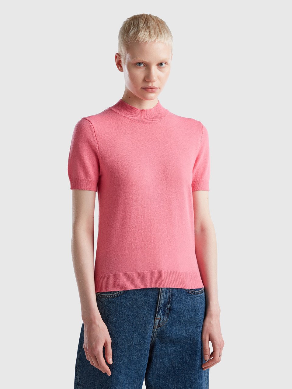 Benetton, Pink Short Sleeve Sweater In Cashmere Blend, Pink, Women
