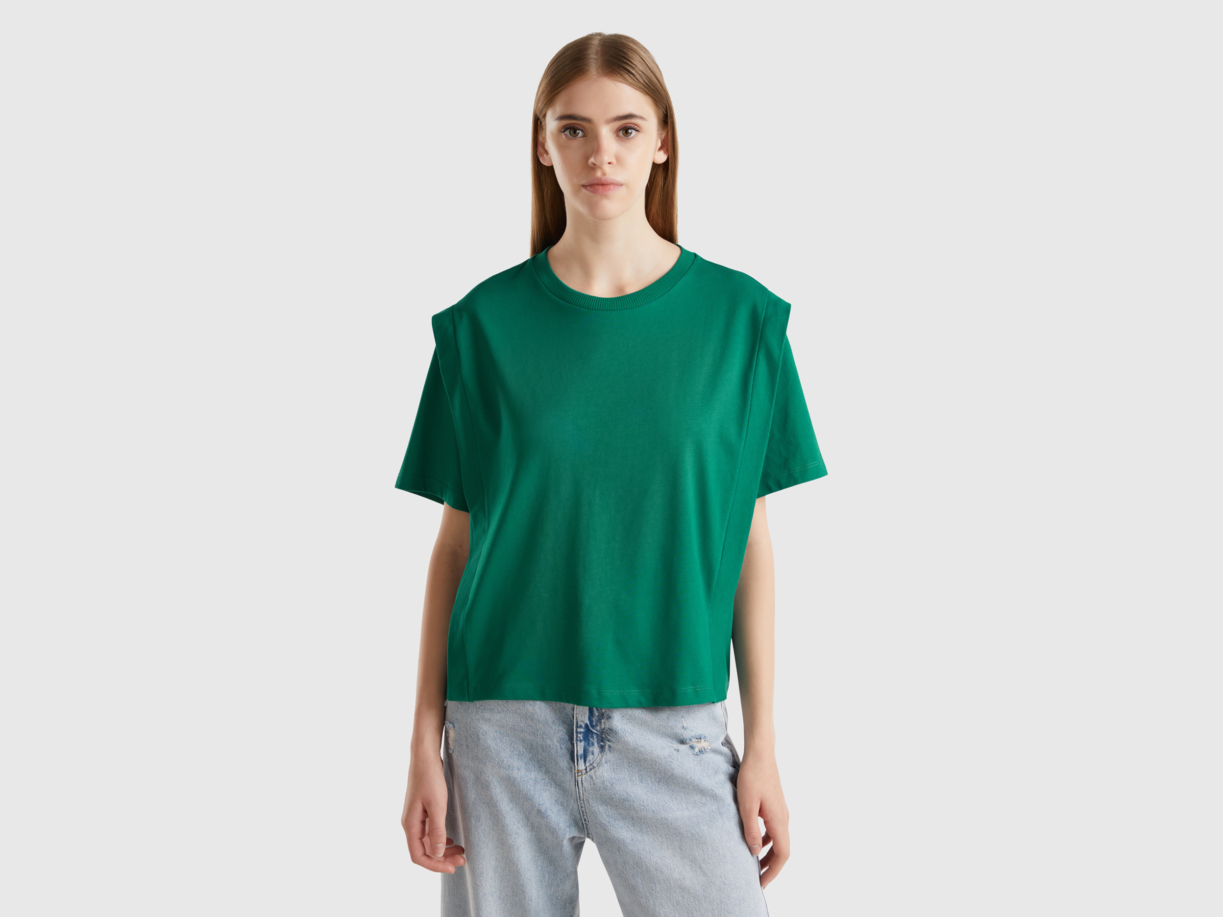 Benetton, T-shirt Regular Fit Con Pieghe, Verde Scuro, Donna