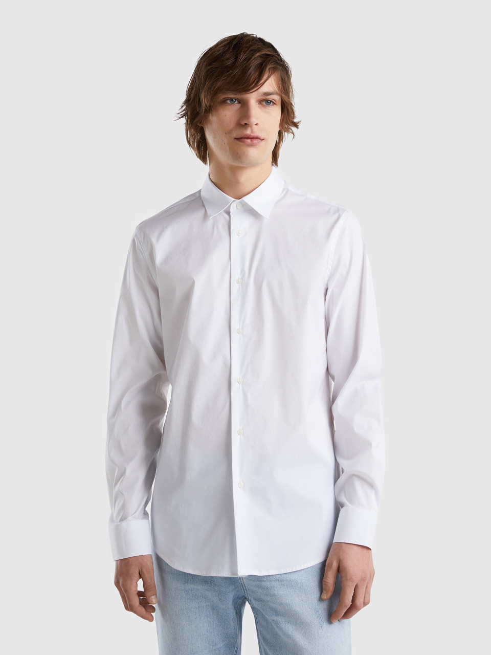 Benetton, Solid Color Slim Fit Shirt, White, Men