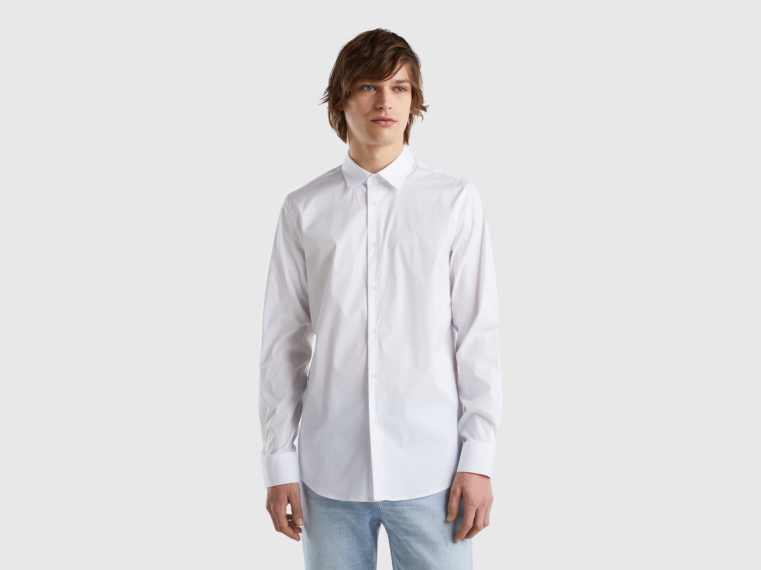 Benetton, Solid Color Slim Fit Shirt, size XXL, White, Men