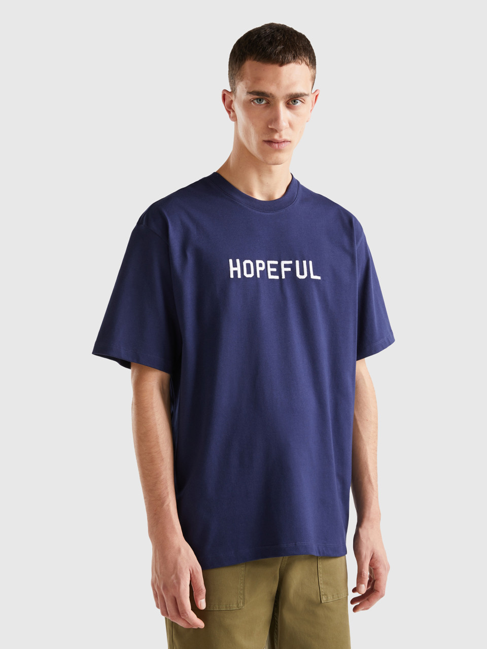 Benetton, T-shirt With Slogan Print, Dark Blue, Men