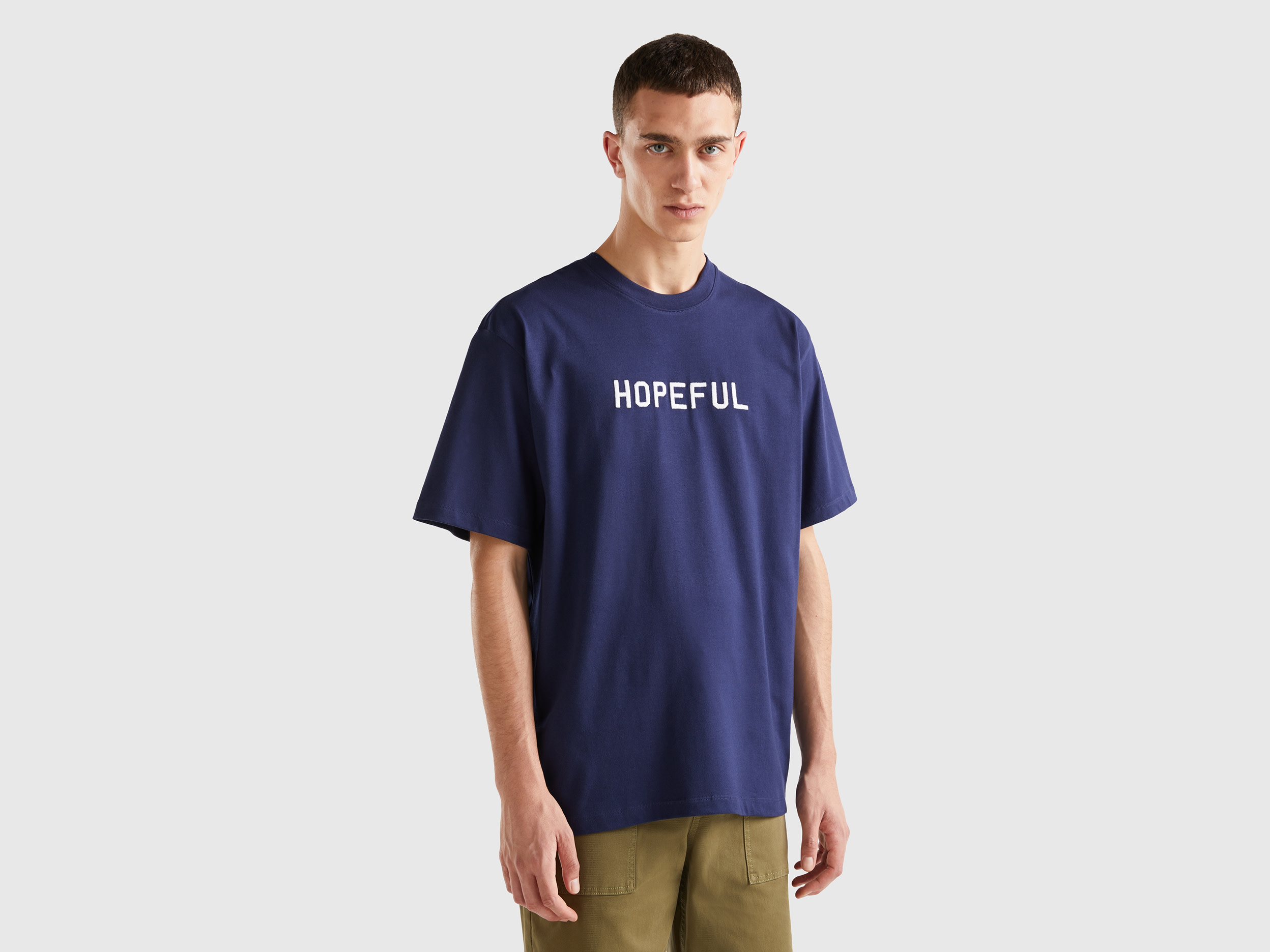 Benetton, T-shirt With Slogan Print, size XXL, Dark Blue, Men