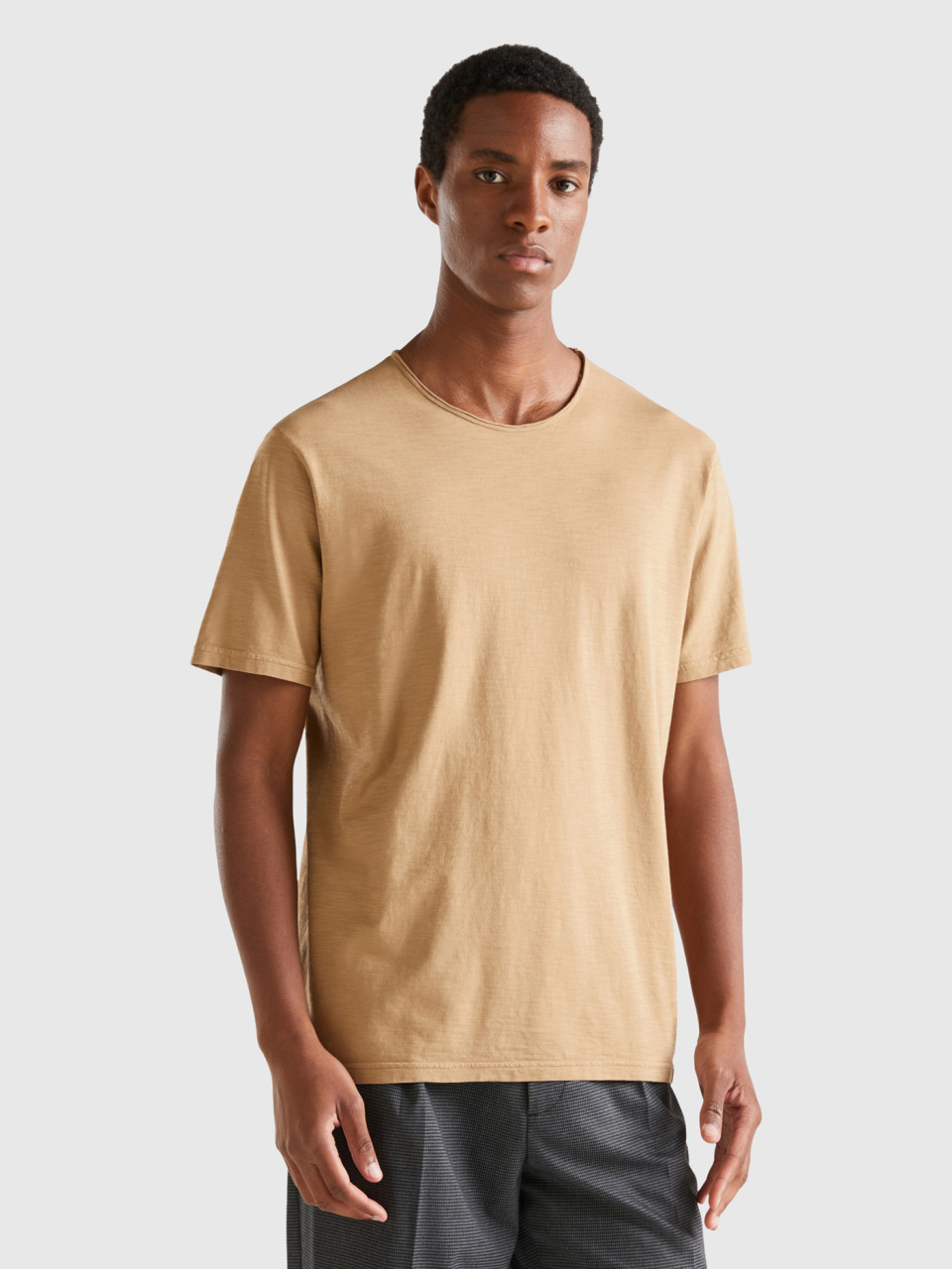 Benetton, T-shirt Aus Geflammter Baumwolle In Camel, Camel, male