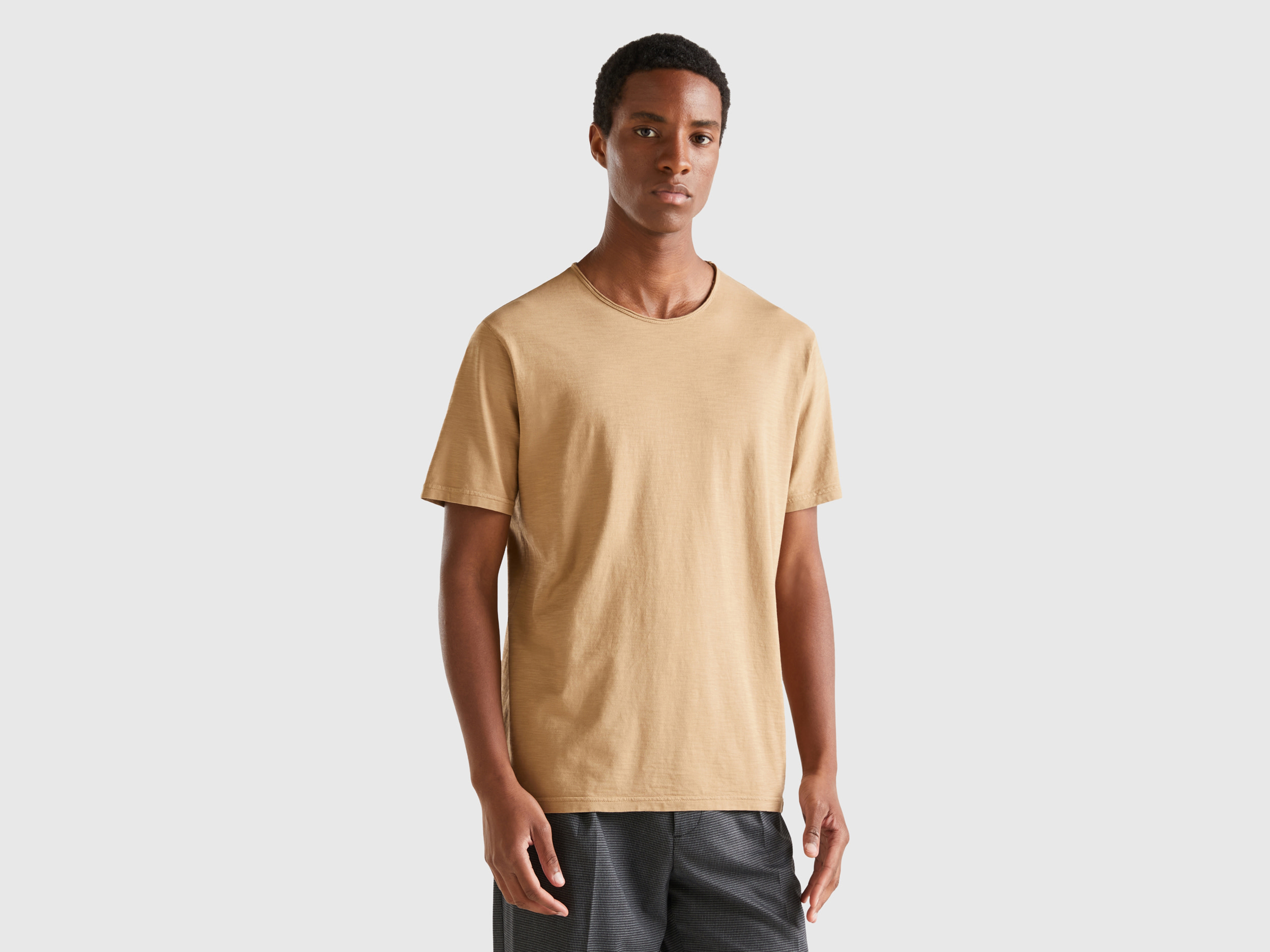 Benetton, Camel T-shirt In Slub Cotton, size XL, Camel, Men