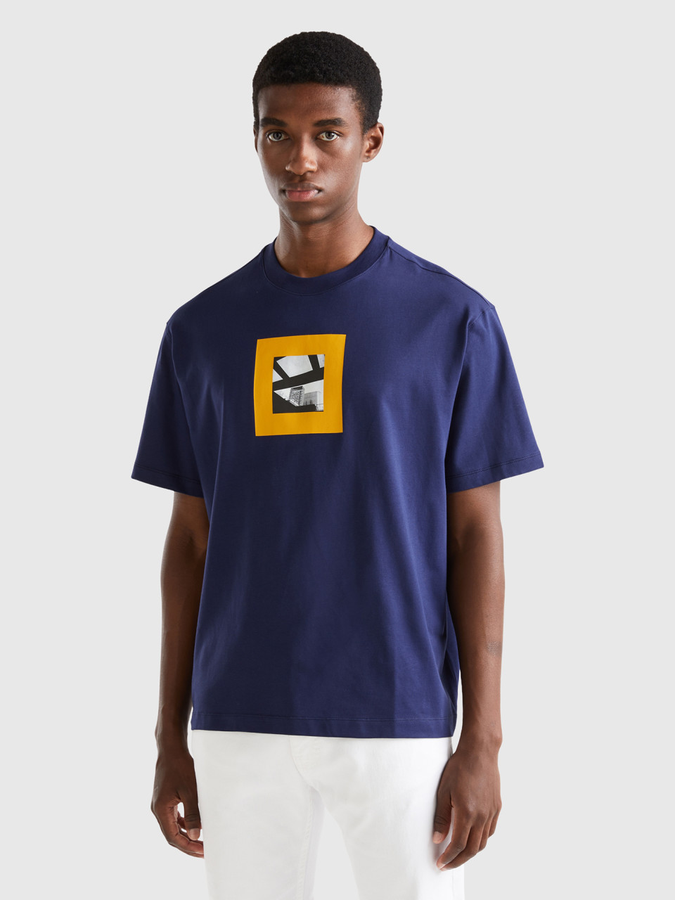 Benetton, Boxy Fit T-shirt With Print, Dark Blue, Men