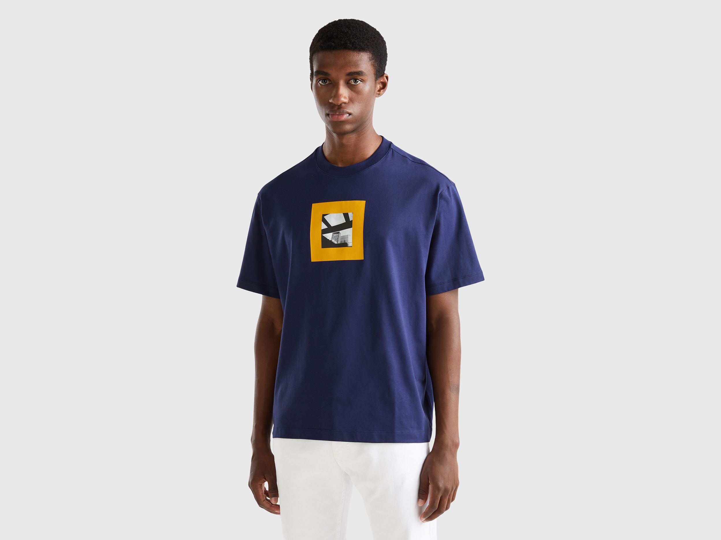 Benetton, Boxy Fit T-shirt With Print, size XXL, Dark Blue, Men