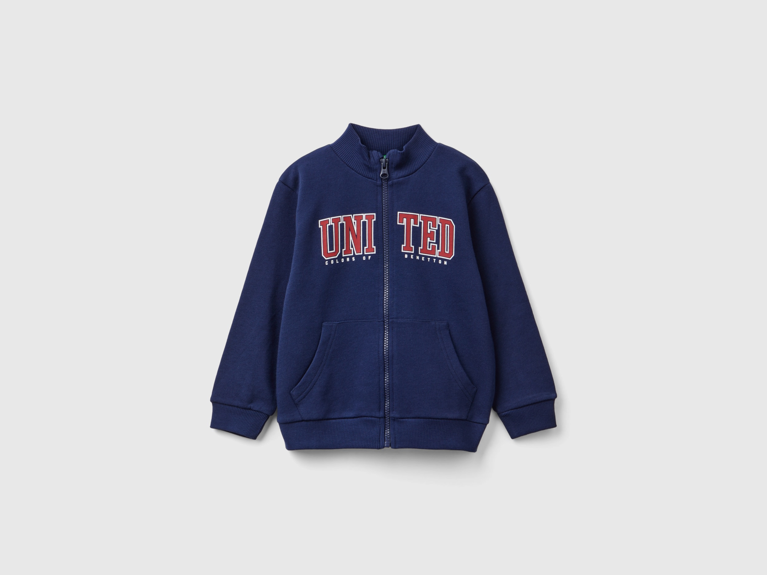 Benetton, Felpa In Cotone Bio Con Zip, Blu Scuro, Bambini