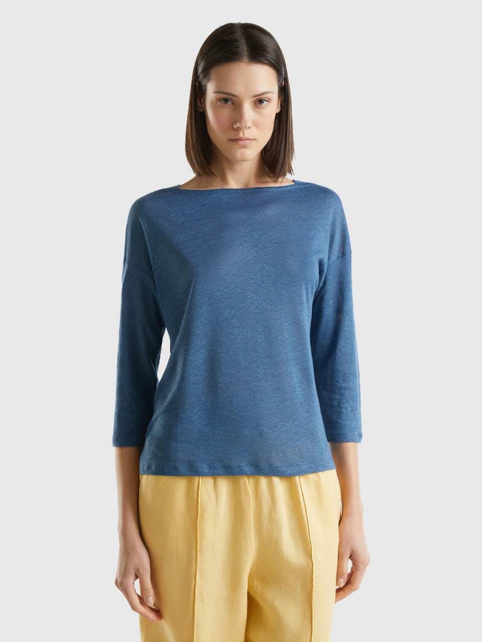 Benetton, 3/4 Sleeve T-shirt In Pure Linen, Air Force Blue, Women