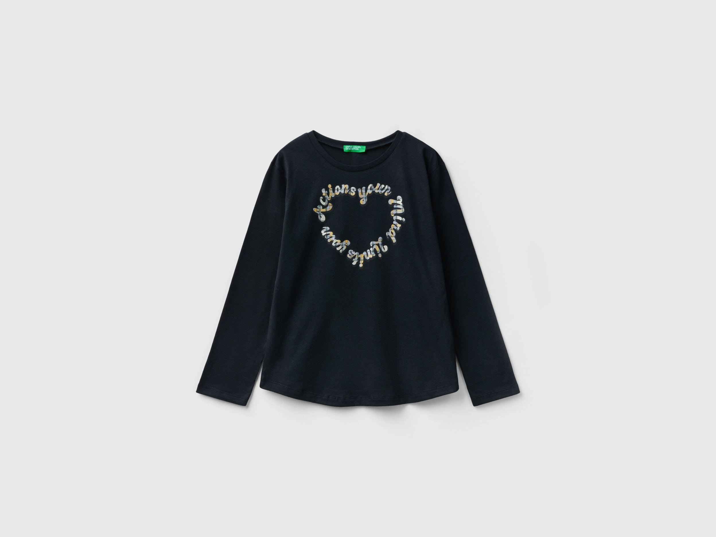 Benetton, Warm Cotton T-shirt With Glittery Print, size XL, Black, Kids