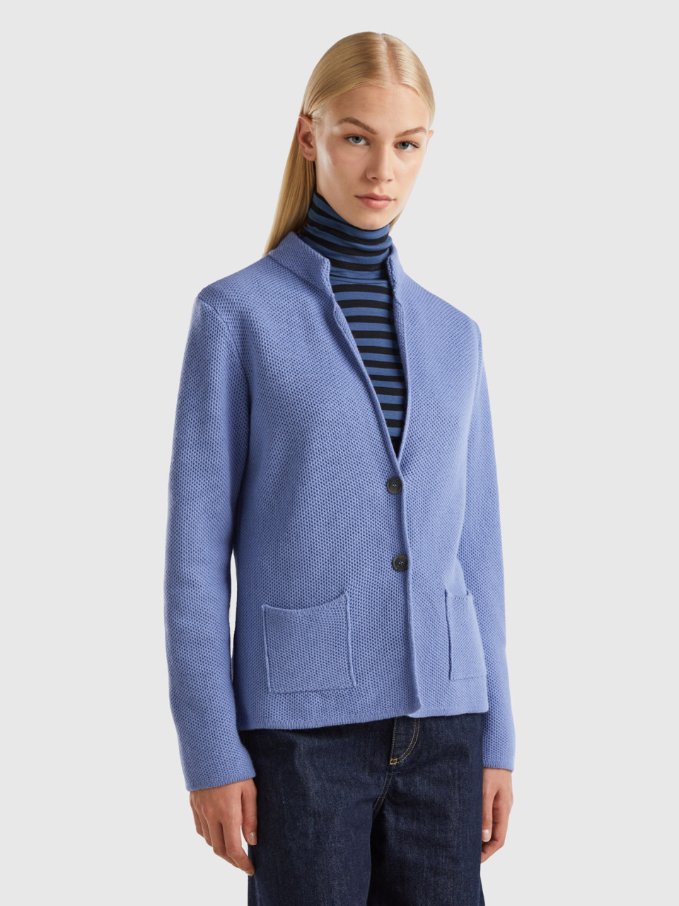 Benetton, Knit Jacket In Wool And Cashmere Blend, Light Blue, Women