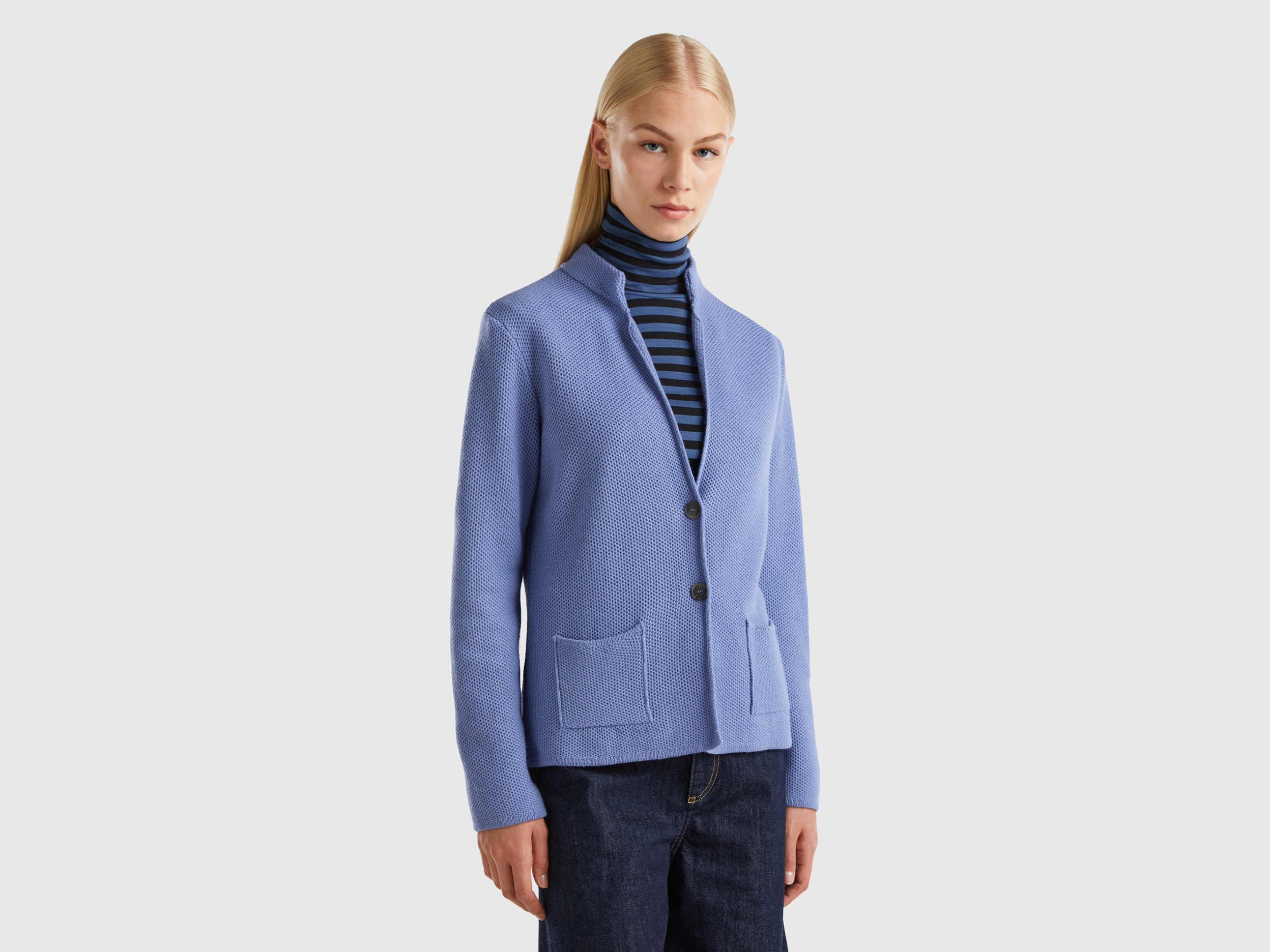 Benetton, Knit Jacket In Wool And Cashmere Blend, size M, Light Blue, Women