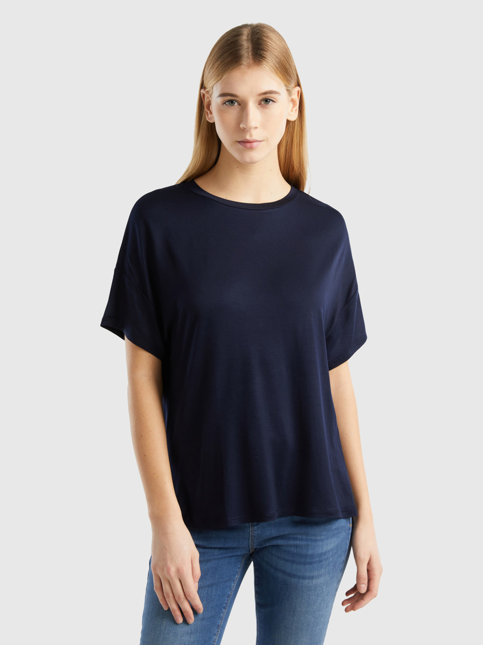 Benetton, T-shirt En Viscose Durable Stretch, Bleu Foncé, Femme
