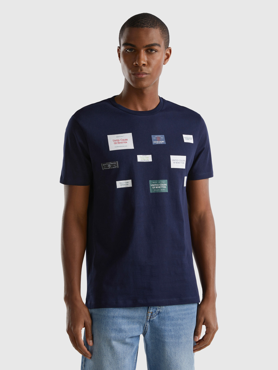 Benetton, Relaxed Fit T-shirt With Print, Dark Blue, Men