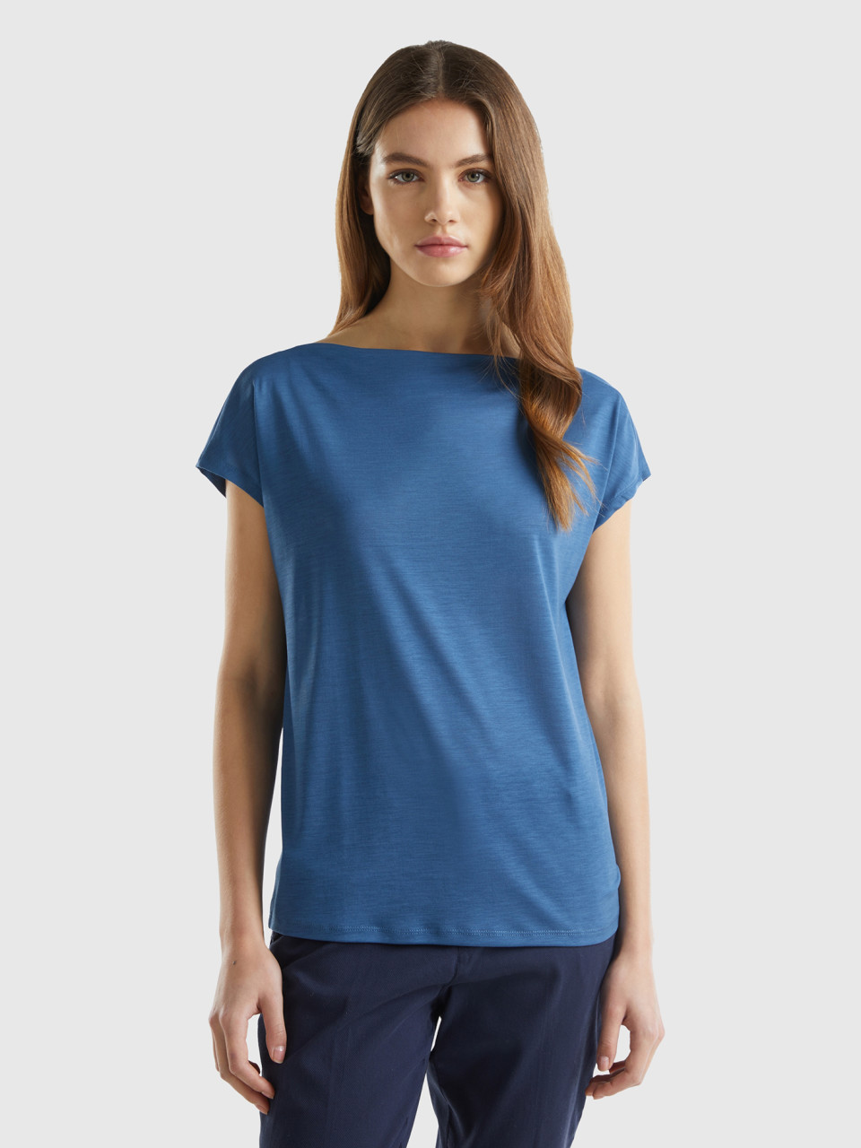 Benetton, Camiseta De Manga Corta De Viscosa Sostenible, Azul Grisáceo, Mujer