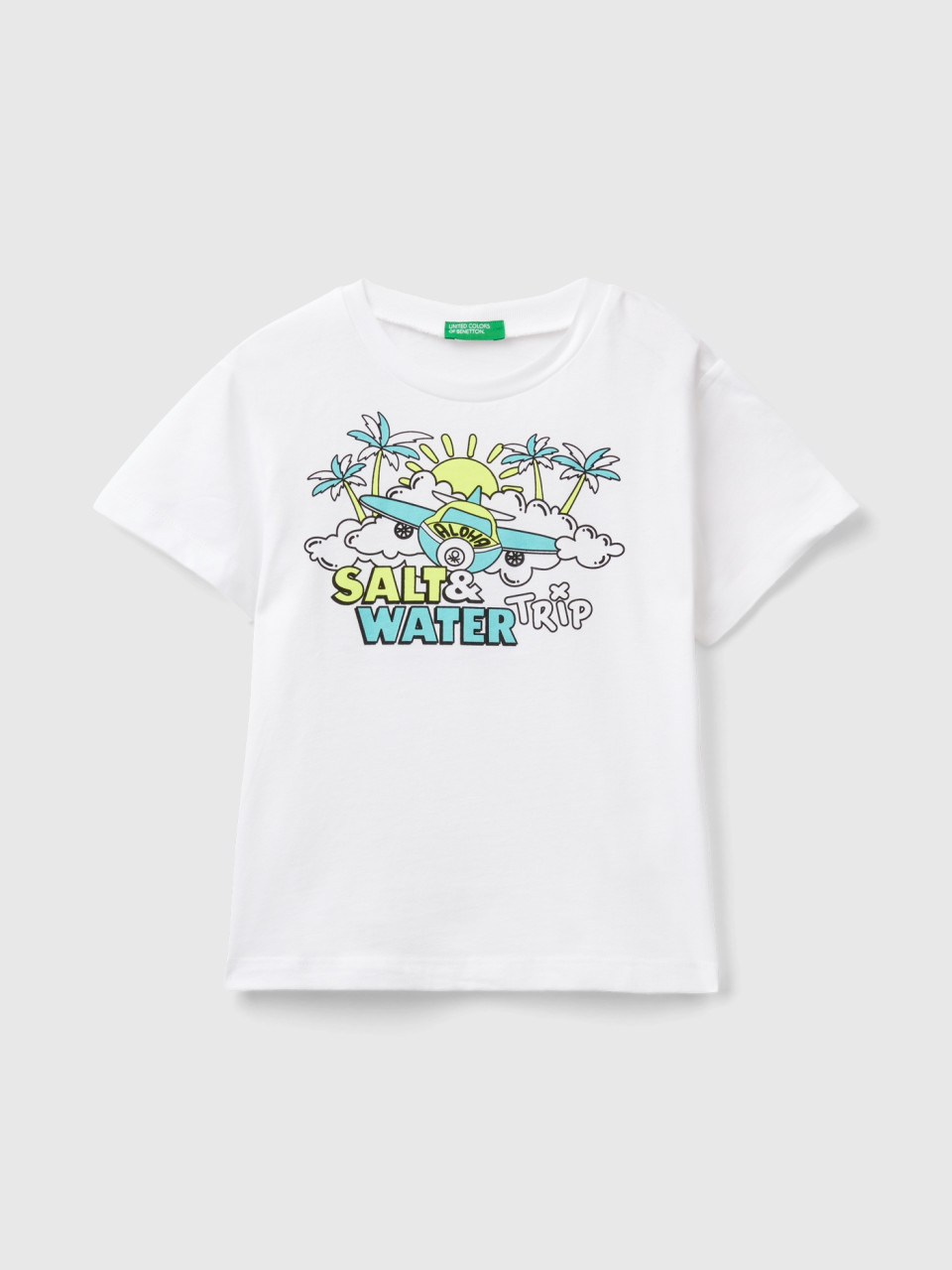 Benetton, T-shirt Mit Aufdruck Und Details In Fluo, Weiss, male