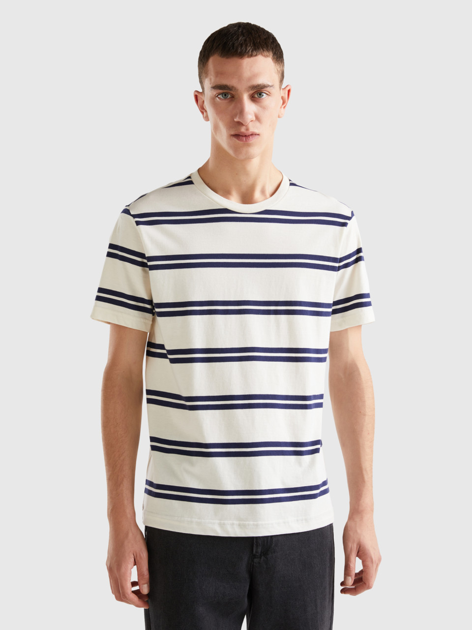 Benetton, Striped Short Sleeve T-shirt, White, Men