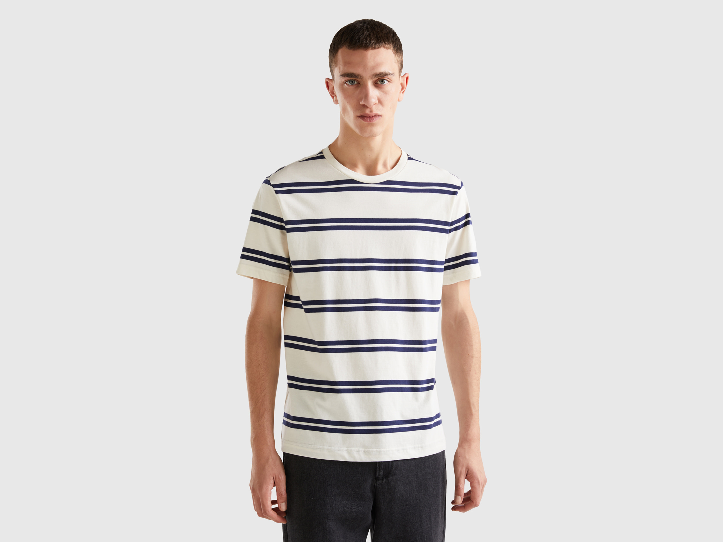 Benetton, Striped Short Sleeve T-shirt, size S, White, Men