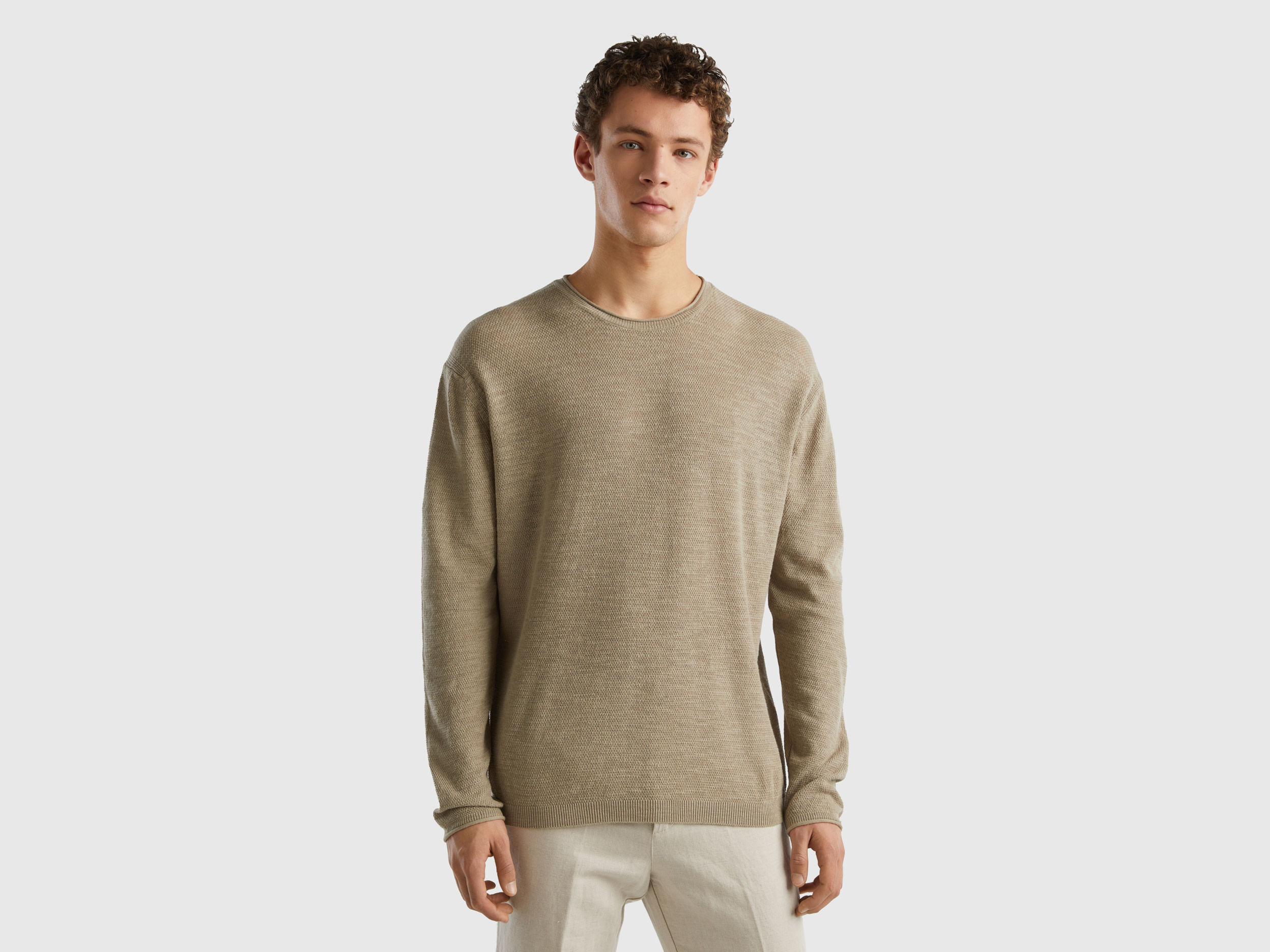Benetton, Maglia Regular Fit In Misto Lino, Verde Chiaro, Uomo