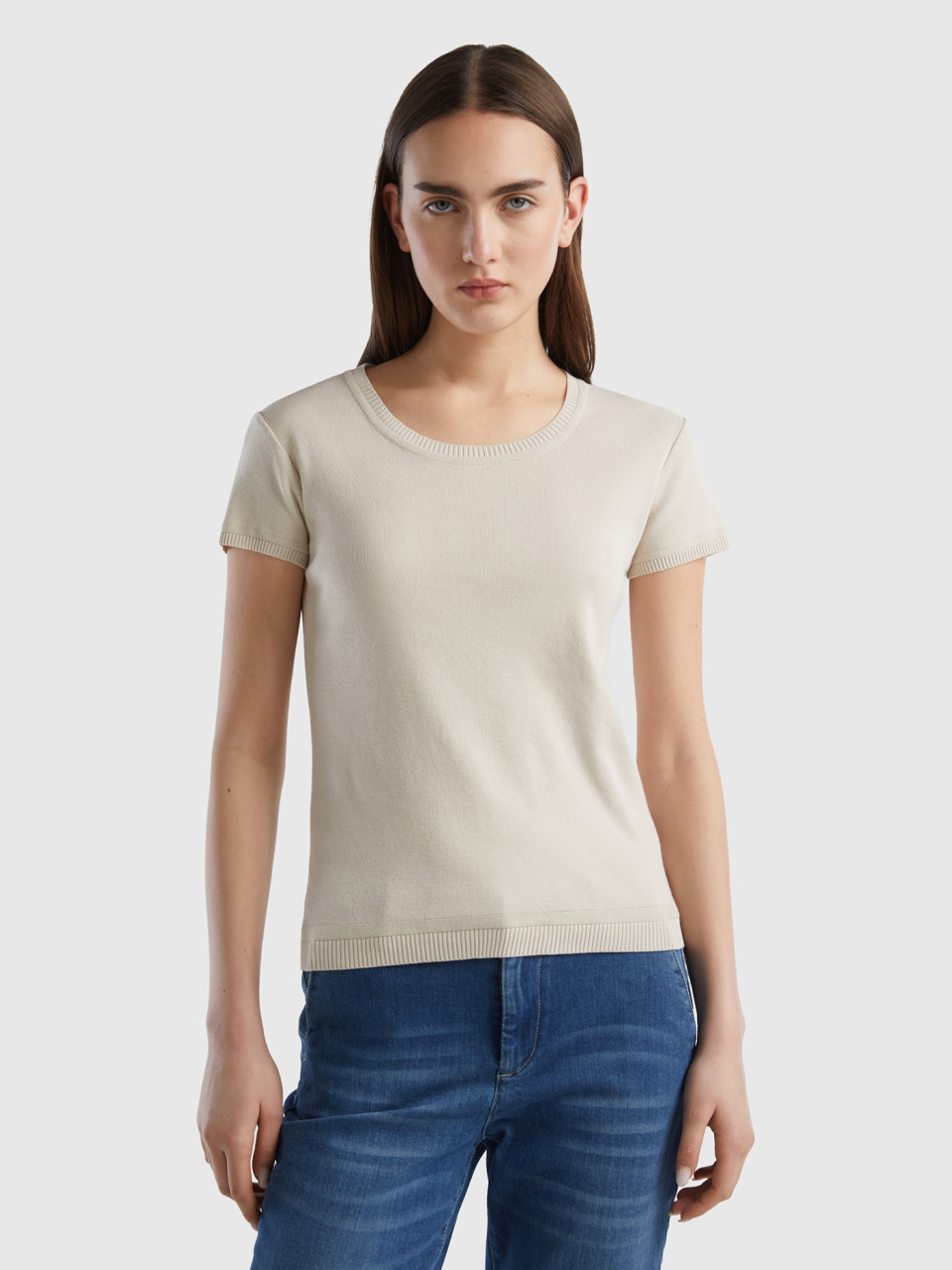 Benetton Online exclusive, Short Sleeve Sweater In 100% Cotton, Beige, Women