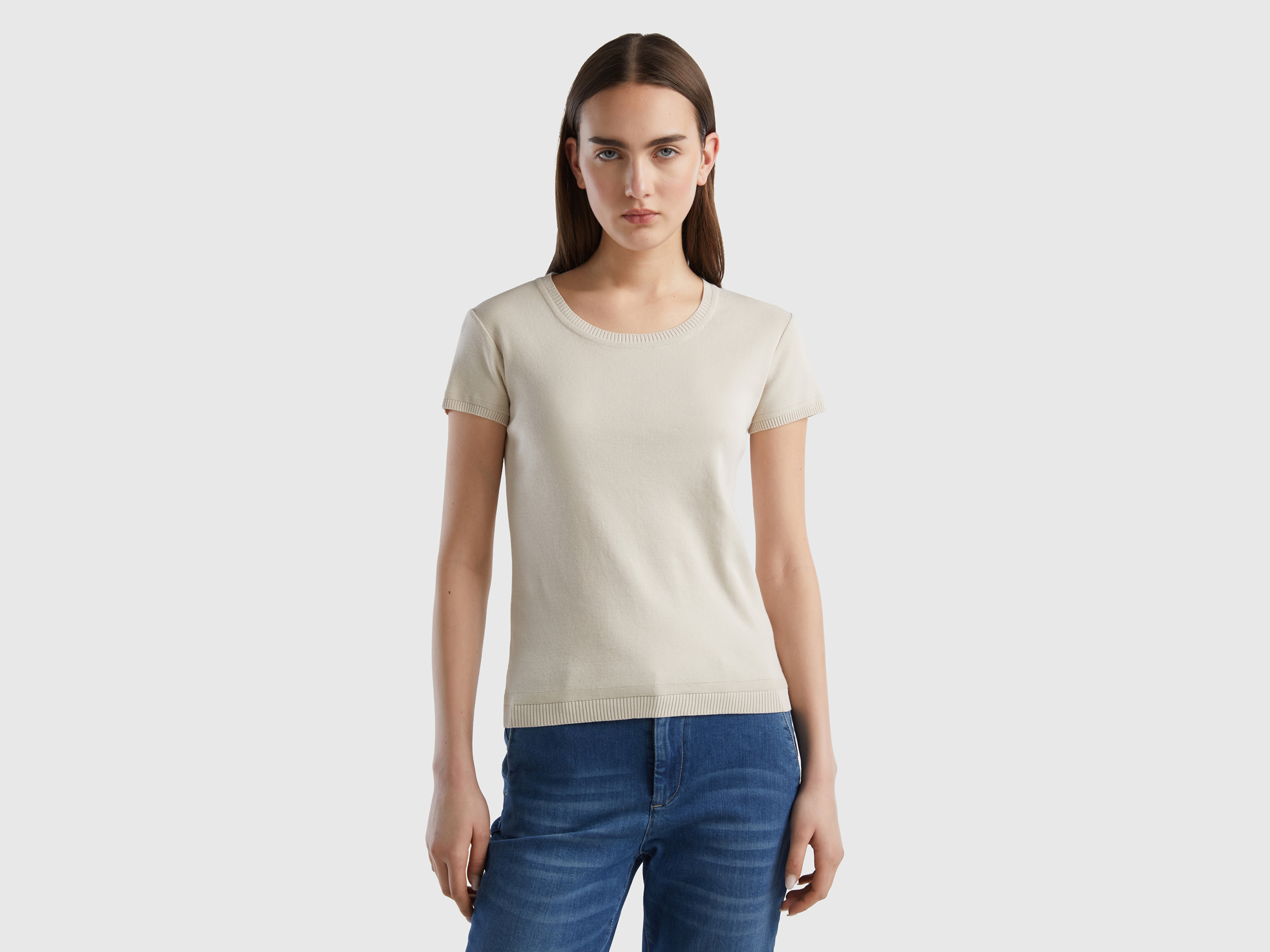 Benetton Online exclusive, Short Sleeve Sweater In 100% Cotton, size XS, Beige, Women