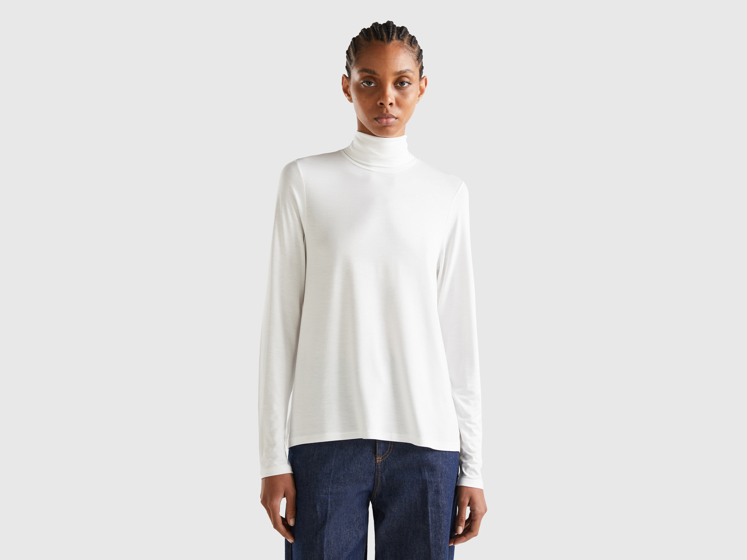 Benetton, Turtleneck T-shirt In Sustainable Stretch Viscose, size XL, Creamy White, Women