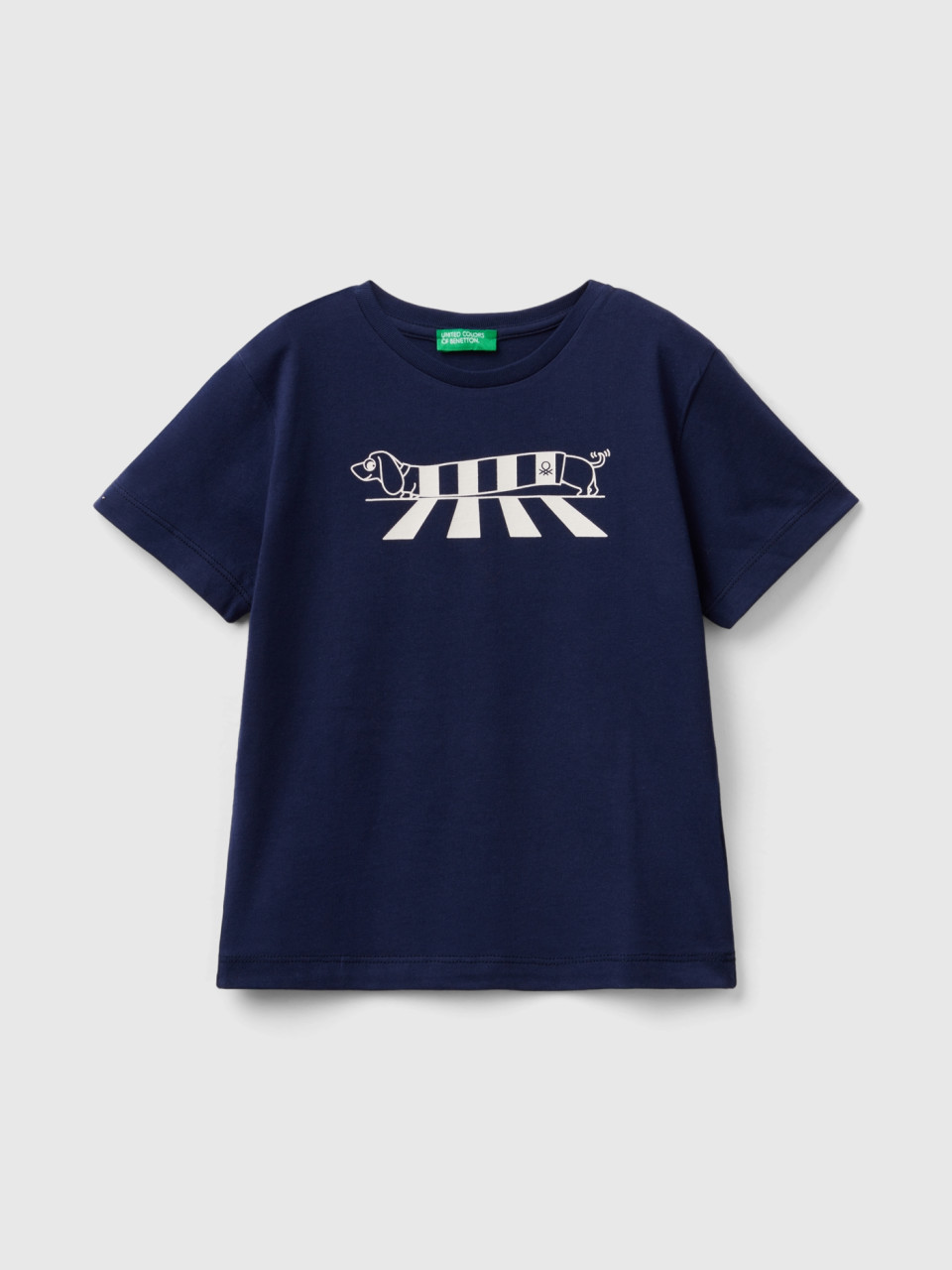 Benetton, Camiseta De Algodón Orgánico Con Estampado, Azul Oscuro, Niños