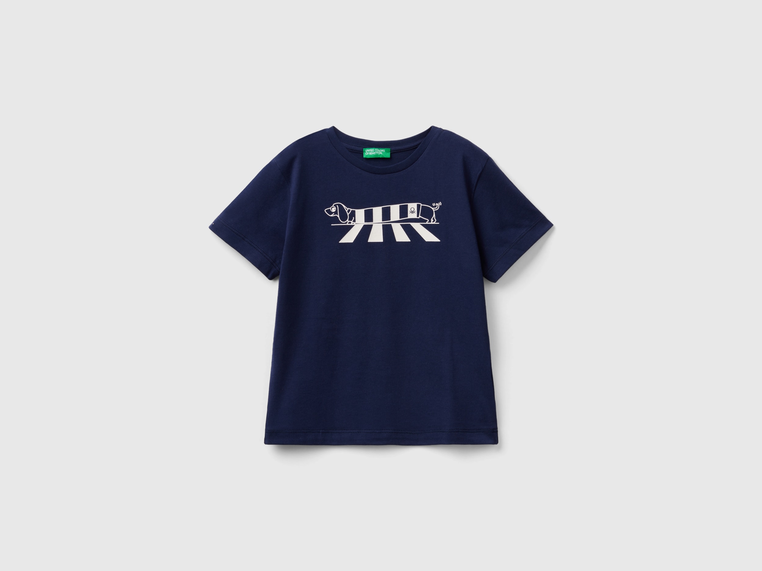 Image of Benetton, T-shirt In Organic Cotton With Print, size 104, Dark Blue, Kids