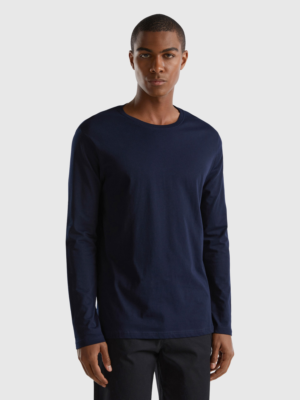 Benetton, Long Sleeve Pure Cotton T-shirt, Dark Blue, Men