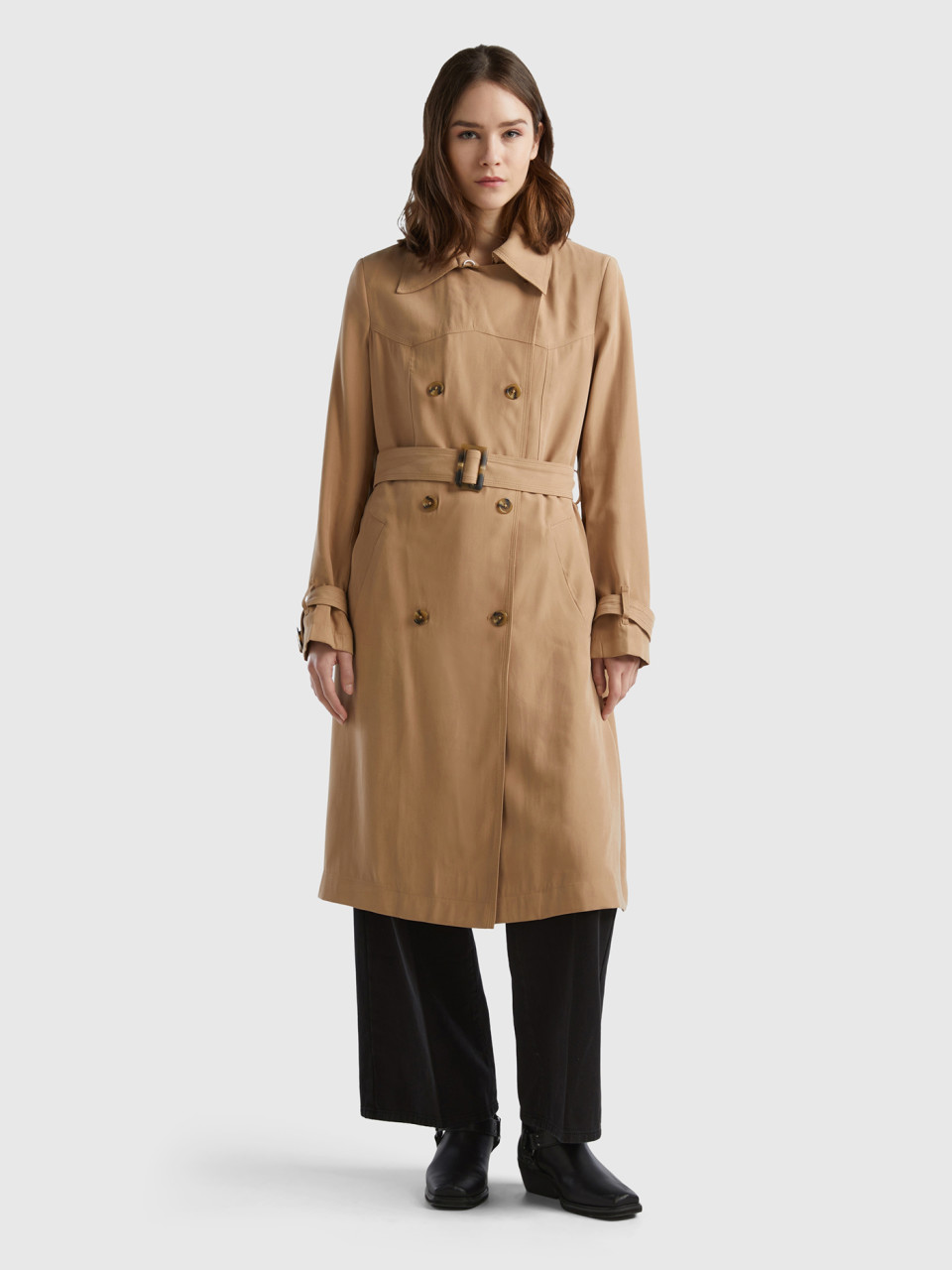 Benetton, Double-breasted Midi Trench Coat, Camel, Women