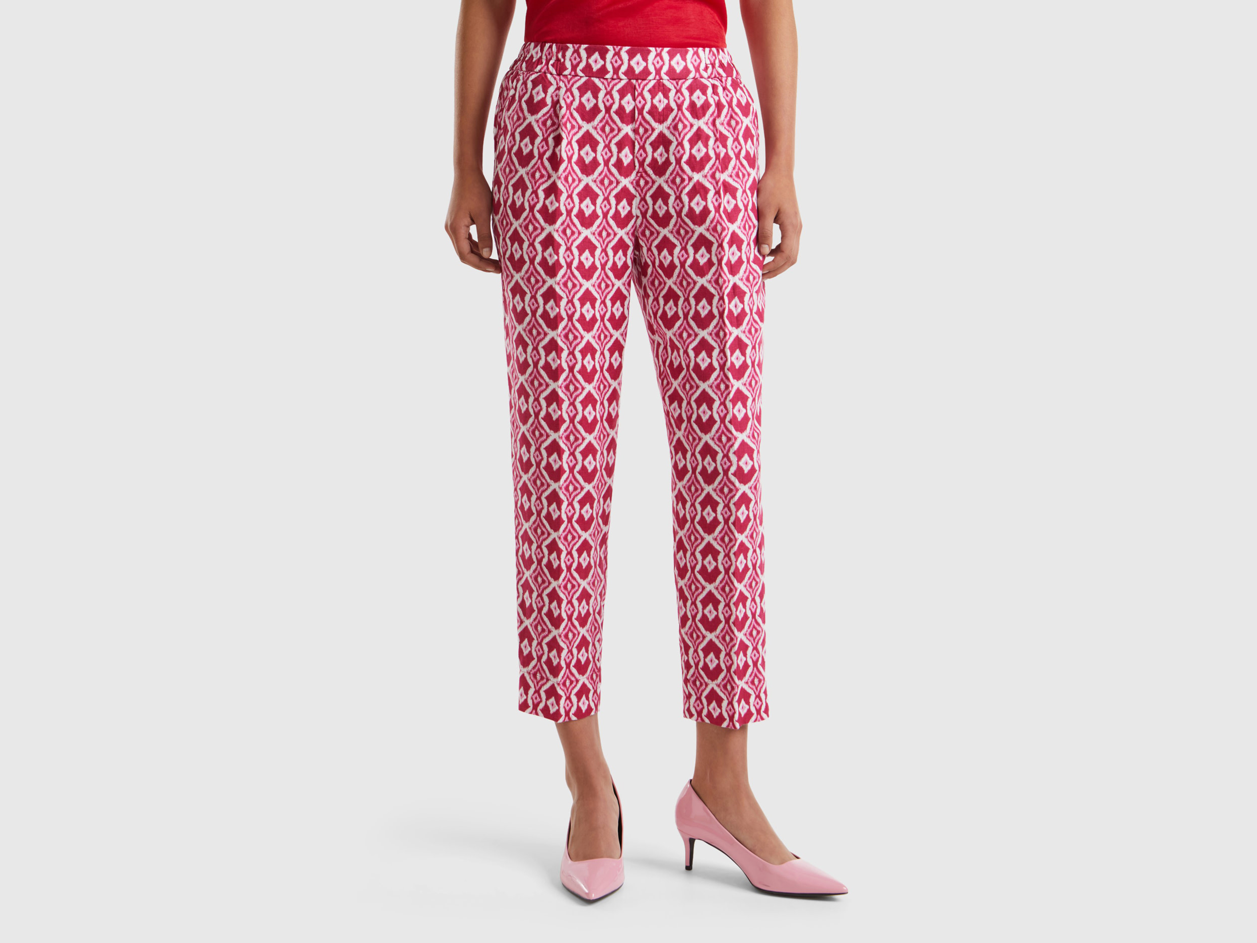 Benetton, Pantaloni In Lino Stampato, Ciclamino, Donna