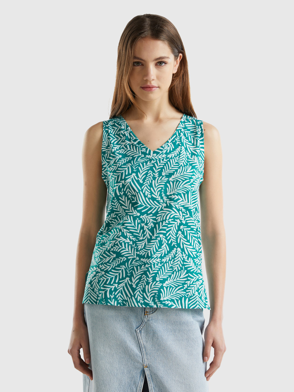 Benetton, Tank Top With Tropical Print, Teal, Women
