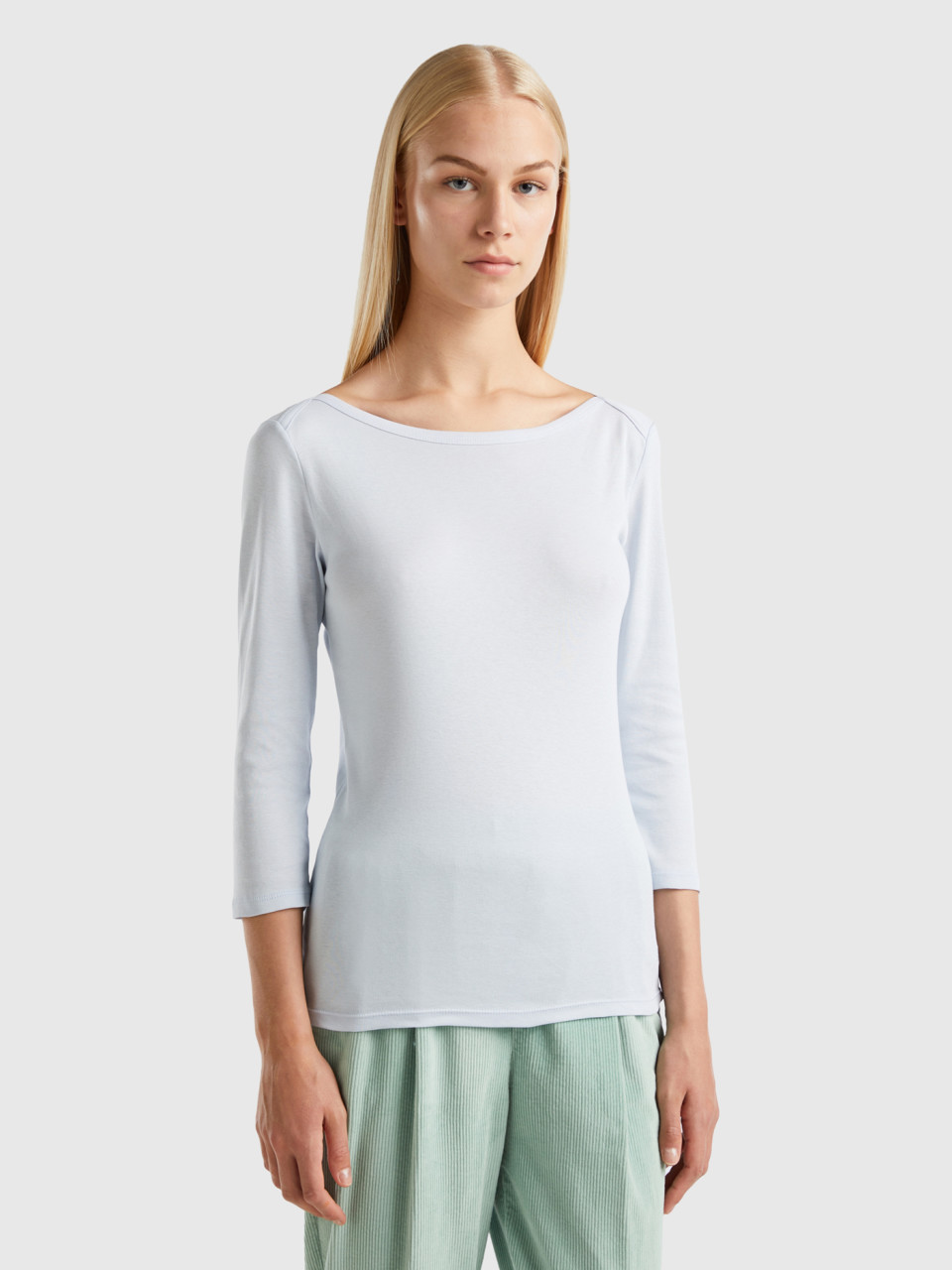 Benetton, T-shirt With Boat Neck In 100% Cotton, Sky Blue, Women