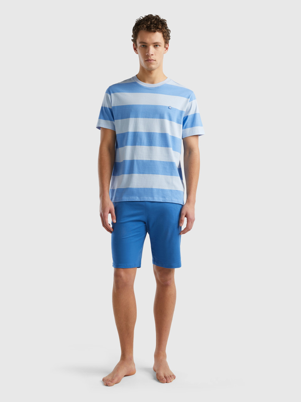 Benetton, Pyjama Mit Gestreiften T-shirt, Azurblau, male