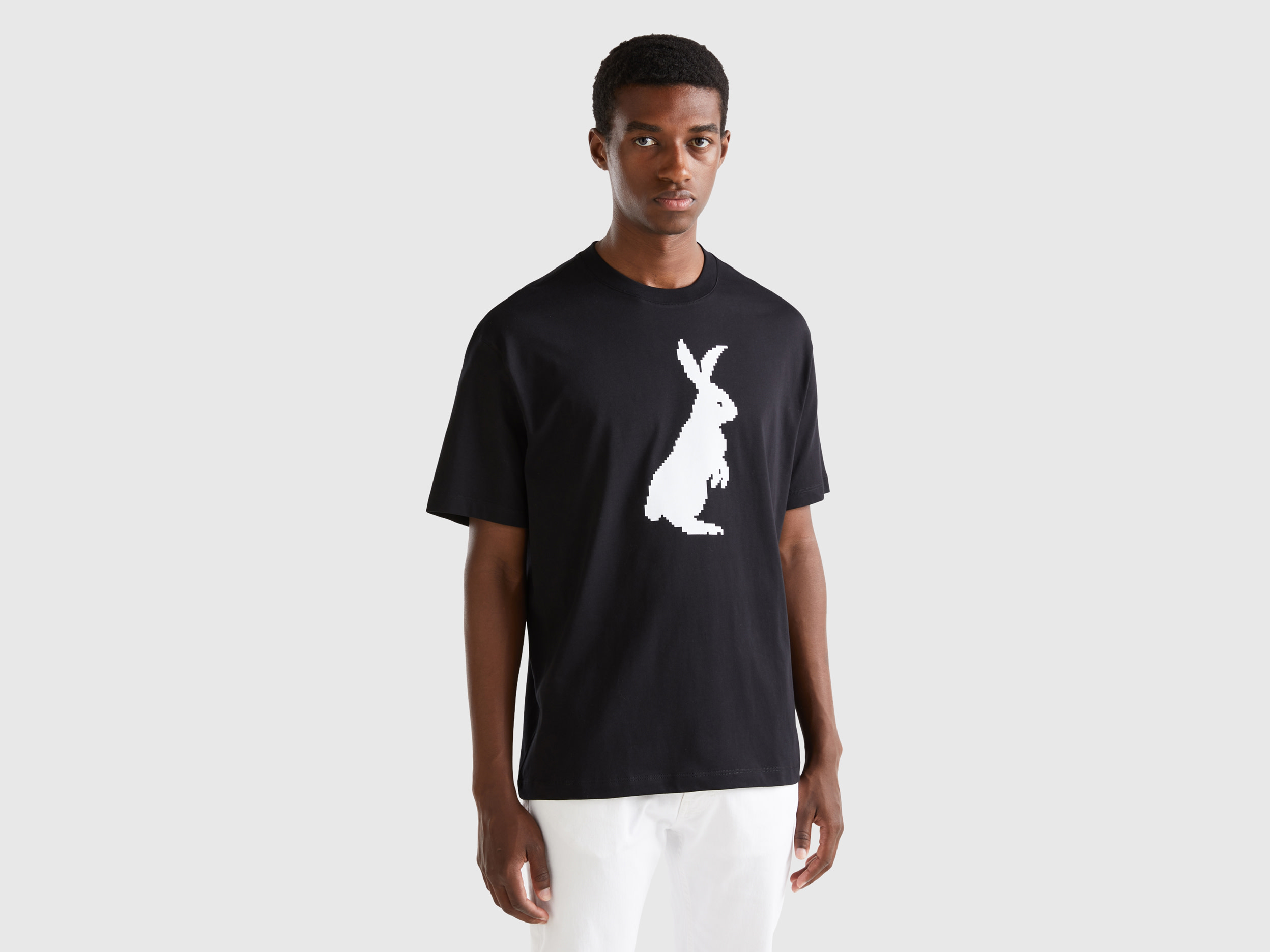 Benetton, Black T-shirt With Bunny Print, size L, Black, Men